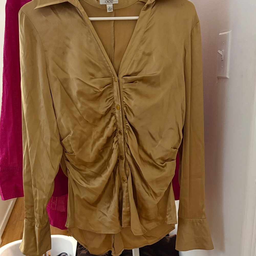 Cache Gold Satin Ruched Button-Front Blouse